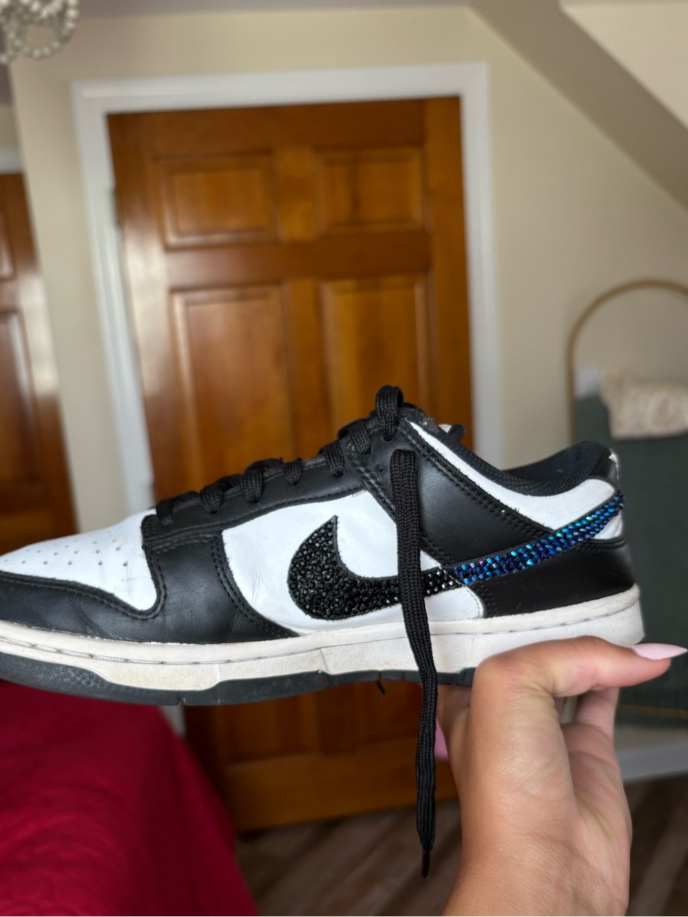 Nike Black & White Low-Top Sneakers with Blue Crystal bedazzle hand crafted